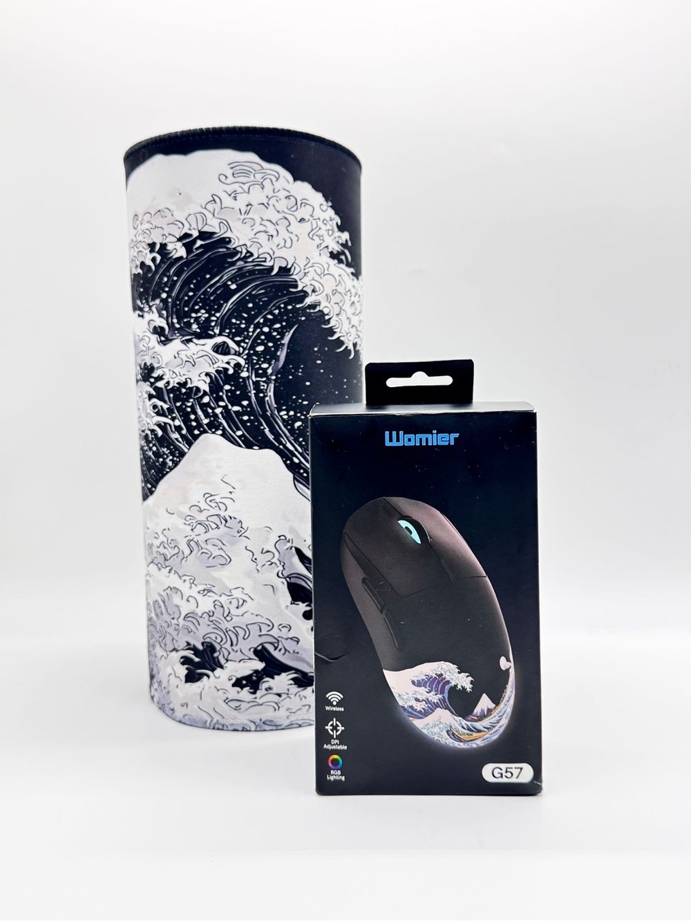 Womier G57 Wireless Gaming Mouse Extended Desk Pad Set Japanese Great Wave Black